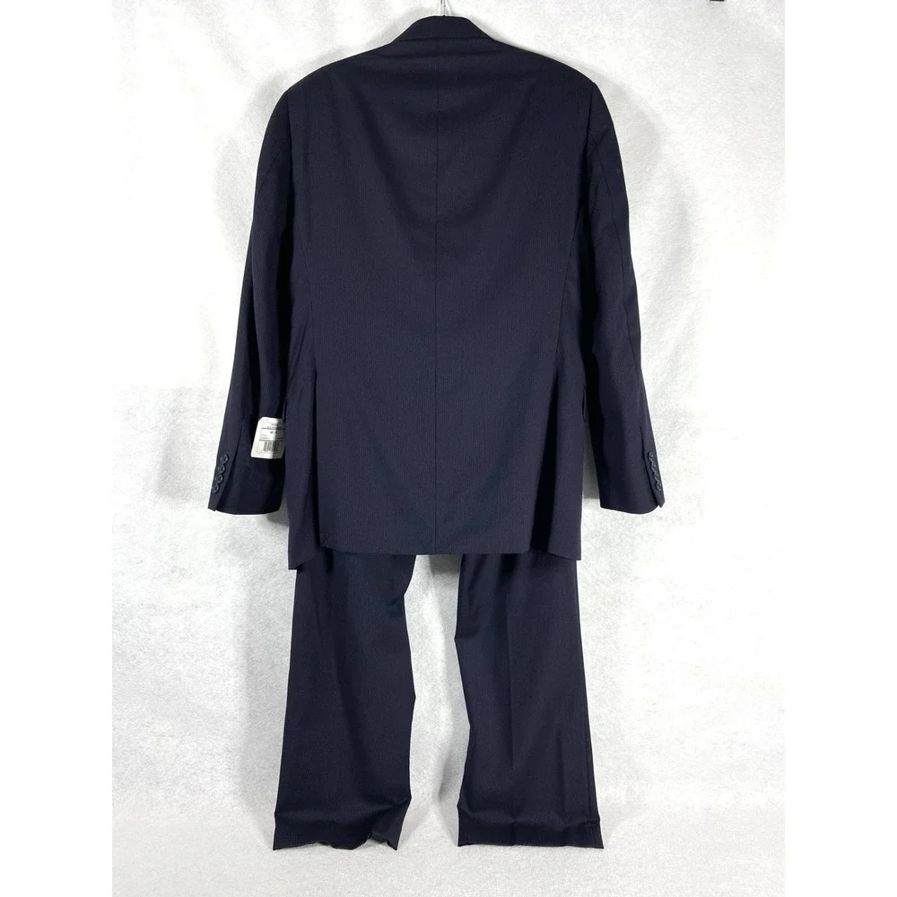 Red Saks Fifth Avenue 2PC Suit Mens 40R Blue Trim Fit Striped Via Manzoni Wool